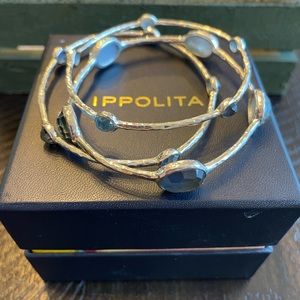 Ippolita Rock Candy Hammered Silver Bangles (3) with light blue stones.